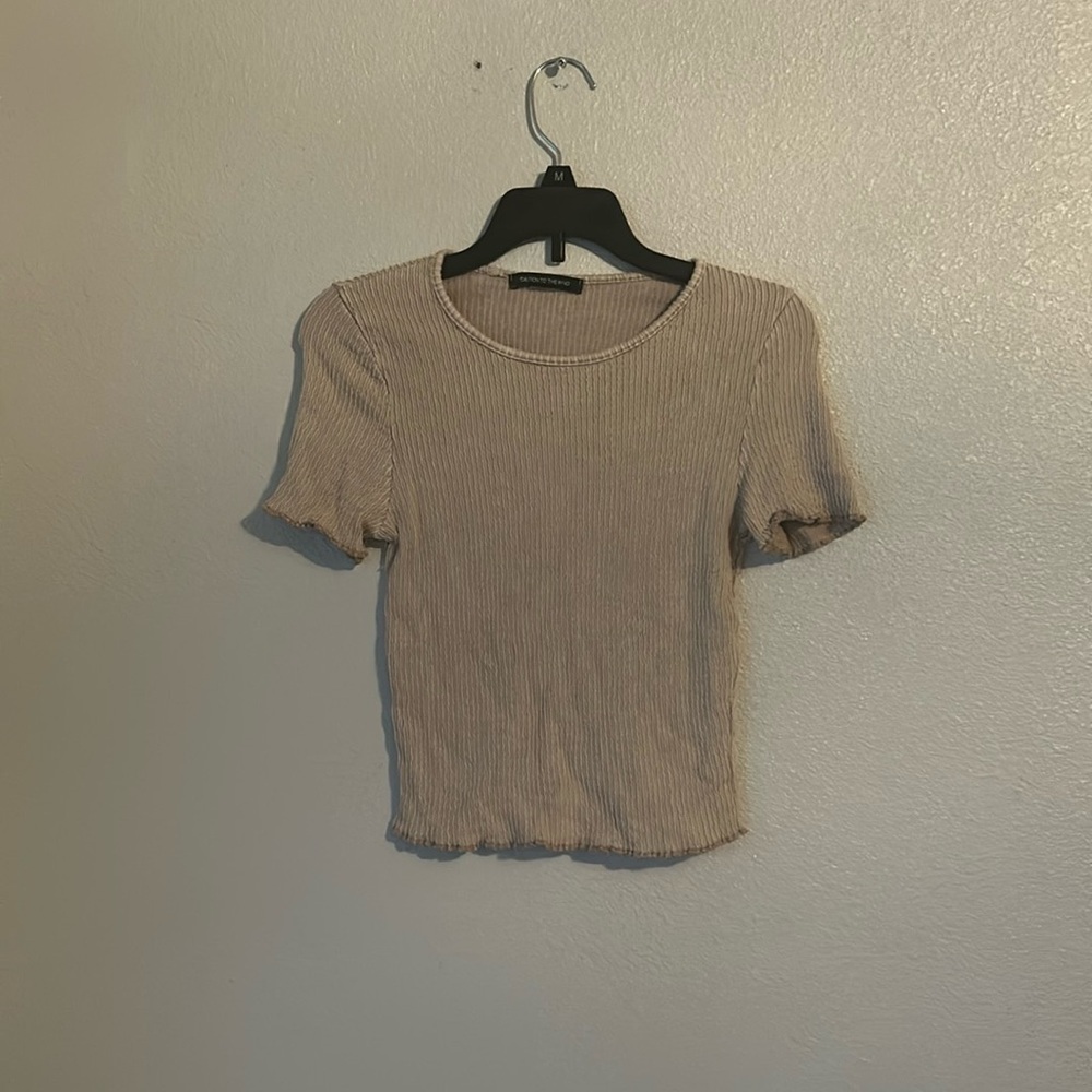 Cream Cropped Ruffle Sleeve T-Shirt